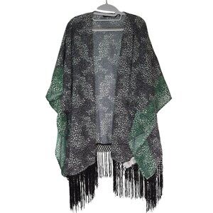 Colleen Lopez Womens 1X Black Green Fringe Kimono Open Front Cardigan Cover Up.